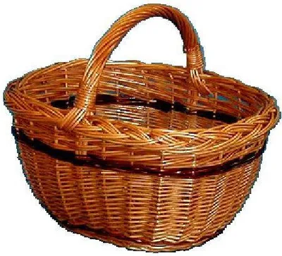 A woven basket with a handle on a white background.