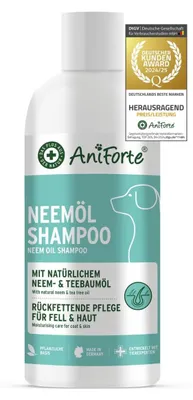 Produktbild von AniForte Neemöl Shampoo für Hunde 500ml – Hundeshampoo gegen Juckreiz, Milben, Flöhe & Zecken, sensitiv & hautfreundlich, pflegend für Fell & Haut, gegen Geruch, leicht kämmbar, mit Teebaumöl