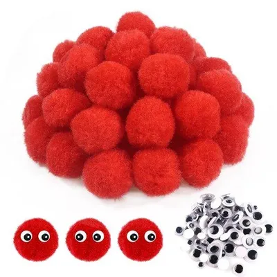 Productafbeelding van Kunststof pompons, set van 50 stuks, 30 mm - Rode pompons - Wervelogen, set van 100 stuks - Knutselset - Knutselprojecten - Decoratie - Pompons voor knutselen