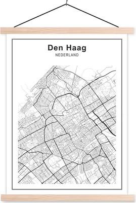 Produktbild von MuchoWow® Textilposter Stadtplan - Den Haag - Schwarz und weiß 40x53 cm mit holzfarbenen Rahmen - Schlafzimmer
