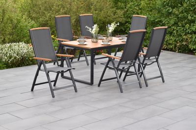 Merxx Gartenmöbelset "Siena" 7tlg. mit Ausziehtisch 150 x 90 cm - Aluminiumgestell Graphit mit Textilbespannung Grau und Akazienholz