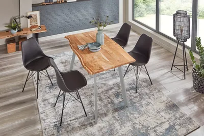 Produktbild von 5tlg. Essgruppe Laxmi 120 x 80 cm, Akazienholz massiv, naturfarben, Baumkantentisch mit Vier Metallbeinen in Silber + 4X Schalenstuhl Lerche in Schwarz