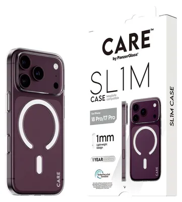 Imagen del producto de Funda transparente PanzerGlass CARE™ para iPhone 18 Pro y 17 Pro, compatible con MagSafe. Marca: SL1M. Tipo: Funda. Compatible con: Apple - iPhone 18 Pro, Apple - iPhone 17 Pro. Color: Transparente