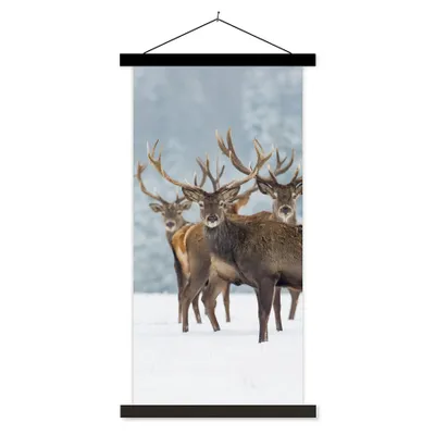 Produktbild von MuchoWow® Textilposter Hirsche - Tiere - Schnee - Winter - Landschaft - Natur 60x120 cm mit schwarzem Rahmen - Magnete