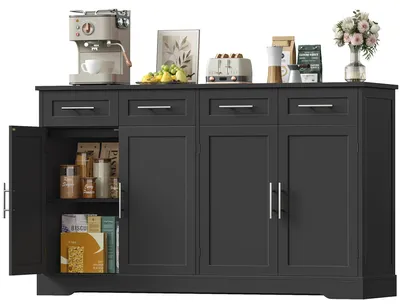 Image de Buffet - Armoire de cuisine avec plan de travail - Largeur : 150 cm - 4 tiroirs - MDF - Style moderne - Noir