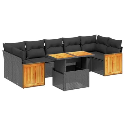 Produktbild von 8-tlg. Garten-Lounge-Set, modulares Outdoor-Sofa mit verstellbarem Tisch, schwarzes Poly Rattan, UV-beständig, inkl. Kissen mit waschbaren Bezügen