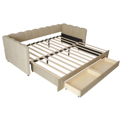 Produktbild von Flieks Polsterbett 90x200cm mit Ausziehbett, Schlafsofa Tagesbett mit Usb und Type-c, Jugendbett Daybett mit 2 Schubladen, Chenille, Beige