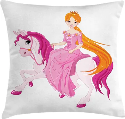Produktbild von ABAKUHAUS Pony Kissenbezug, Prinzessin auf einem Pferd sitzend mit Pinkish Mane Childish Märchenszene, 50 x 50 cm, Marigold Rosa und Weiß