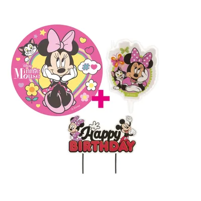 Produktbild von 3er Set Minnie Mouse Tortenaufleger, Kerze & Cake Topper Geburtstag