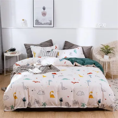 Obrázok produktu pre Sada posteľnej bielizne 135x200 cm, 3-dielna, mikrovlákno, so zipsom, motív dinosaurov, biela a zelená