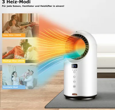 A collage image showcasing a white portable fan heater in three different modes: high heat, low heat, and fan mode, with accompanying lifestyle images of people using the product. The heater is depicted with visual representations of hot and cool air curre