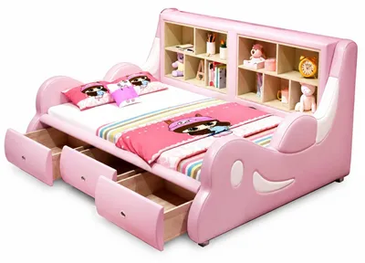 Immagine prodotto di Letto per bambini rosa con scaffali e cassetti, ideale per una cameretta da bambina