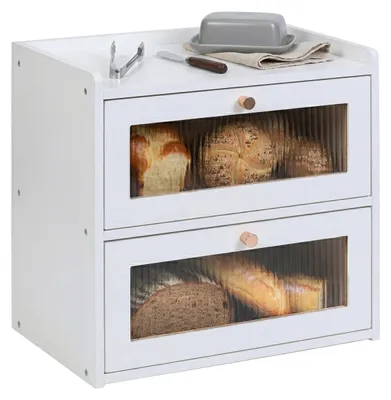 Obrázek produktu pro Relaxdays Bambusová chlebovka, 2 patra, přihrádka na chléb s průhlednými okénky, výklopná dvířka, rozměry: 34 x 36,5 x 24 cm, chlebovka, bílá