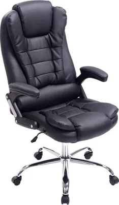 A black office chair with a chrome base and wheels, shown from a front-side angle against a white background.