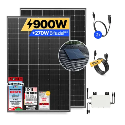 Produktbild von Balkonkraftwerk 900W Solaranlage mit Ziegeldach Halterung (Paarmontage) Steckerfertig Komplettset Photovoltaik Anlage 800W, Kabellänge: 10m, Solakon