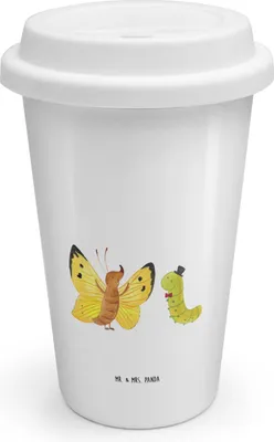 Produktbild von Mr. & Mrs. Panda Coffee To Go Becher Raupe Schmetterling - Weiß - Geschenk, Hut, Kokon, Kaffeebecher, Aufwachsen, Thermobecher, ToGo, Keramikbecher, Zitronenfalter