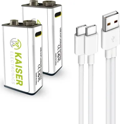 Two 9V rechargeable batteries and a USB-C charging cable are shown against a white background.