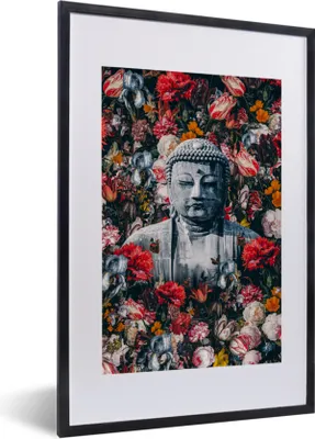 Produktbild von MuchoWow® MuchoWow® Gerahmtes Poster Buddha - Bild - Blumen 40x60 cm - Poster mit zchwarzem Bilderrahmen - Poster in Rahmen