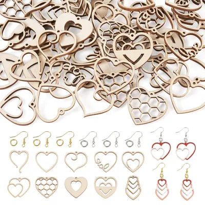 Produktbild von Schmuckherstellungs-Set Holzanhänger Herz geometrisch 60 Stück mit Haken & Ringen