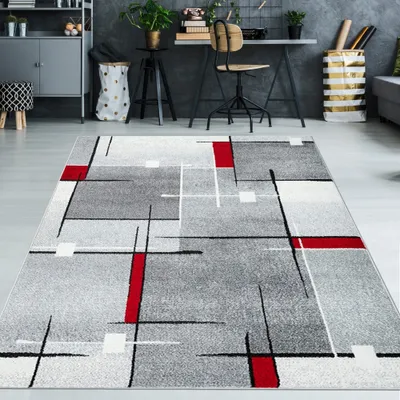 Zdjęcie produktu dla Nowoczesny dywan z krótkim włosiem, z wzorem w linie w kolorach szarym, białym i czerwonym, przeznaczony do wnętrz. Wymiary: 160 x 220 cm