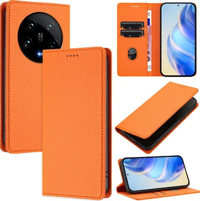 Produktbild von Litchi Leder Handyhülle für Xiaomi 14 Ultra Wallet Kartenfächer Standfunktion Hülle Orange