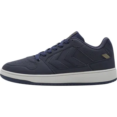 A side view of a single navy blue sneaker.