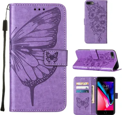 Produktbild von iPhone 8 Plus Hülle, Schmetterling Prägung Flip Leder Kartenfächer Schutzhülle Ledertasche mit Ständer für iPhone 8 Plus/ 7 Plus/ 6s Plus/ 6 Plus Violett