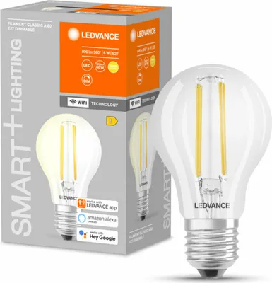 Produktbild von LEDVANCE SMART+ WiFi Filament Classic Dimmable, Intelligentes Leuchtmittel, WLAN, Transparent, Integrierte LED, E27, Warmweiß