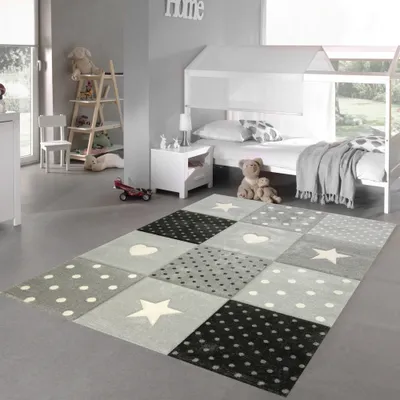 Image de Tapis de chambre d'enfant Jeu & Bébé Tapis Coeur Etoile Points Design Crème Noir Gris Taille - 140 x 200 cm