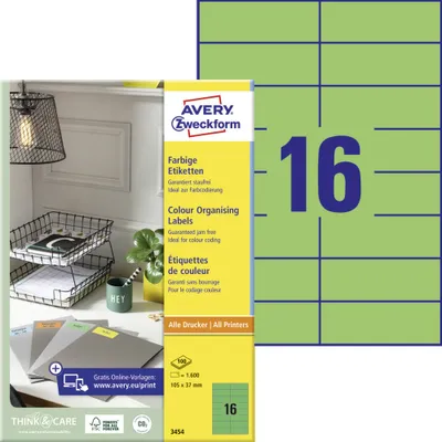 Produktbild von Avery Zweckform 3454 Farbige Etiketten, A4, 105 x 37 mm, 100 Bogen/1.600 Etiketten, grün