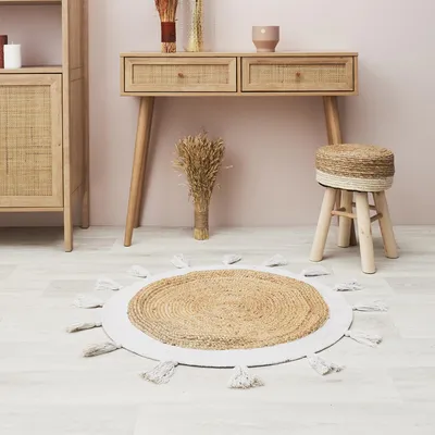 Produktbild von Runder Jute-Teppich mit Pompons, Weiß, 80 cm