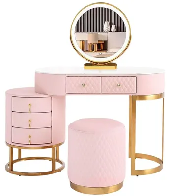 Immagine prodotto di Comò da trucco con 3 specchi a LED e poggiapiedi, 5 cassetti, legno, rosa, 80 cm