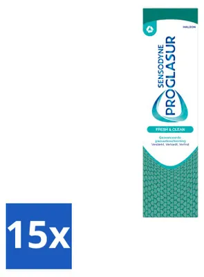 Imagen del producto de 15 tubos de pasta dental Sensodyne Proglasur Fresh & Clean, 75 ml cada uno. Paquete económico con 15 unidades