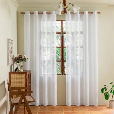 Immagine prodotto di 2 tende effetto lino, voile semitrasparente, traslucide, con occhielli, per soggiorno e camera da letto, bianco, L140xH215 cm