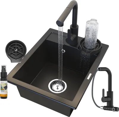 Produktbild von Granitan | Spülbecken 1-Kammer - GranitSpüle - 50x40 cm - Rechteckig - Set Alles Schwarz - mit Küchenarmatur und Zubehörset - BEST