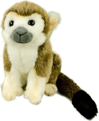 A plush toy monkey sits on a white background.