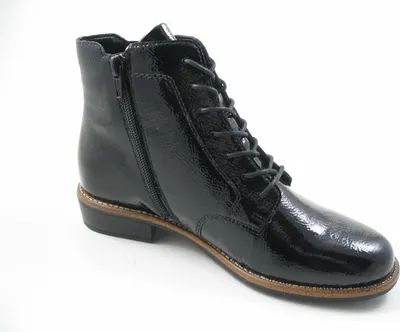 A black patent leather ankle boot with laces and a side zipper, shown from a side angle on a white background.