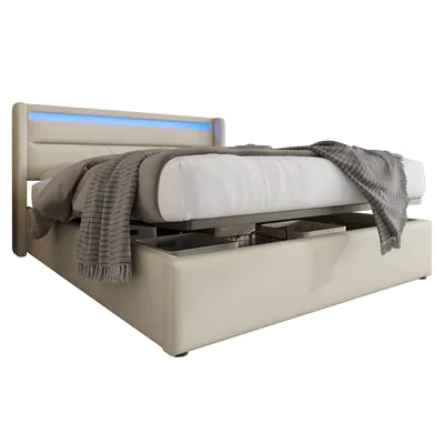 Produktbild von MODFU Boxspringbett 140x200cm Polstebett Doppelbett mit LED-Beleuchtung,Stauraumbett mit Bettkasten & t Lattenrost,Weiß (ohne Matratze)