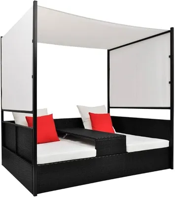Produktbild von Gartensofa mit Baldachin, Sonnenliege Gartenliege Lounge Gartenbank Gartenbett Gartenmöbel Liege Relaxliege Sofabett, Schwarz 190x130 cm Poly Rattan