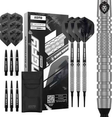 Produktbild von KOTO - Kingfly V2 90% Softdarts,18 G, Silber, Soft Tip Dartpfeile Inkl. 3 Barrels, 2 Sets Flights + Schäfte & Dartwallet, Firm Ringgrip