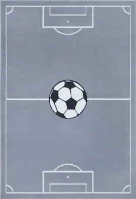 A top-down view of a rug designed to look like a soccer field with a soccer ball in the center.
