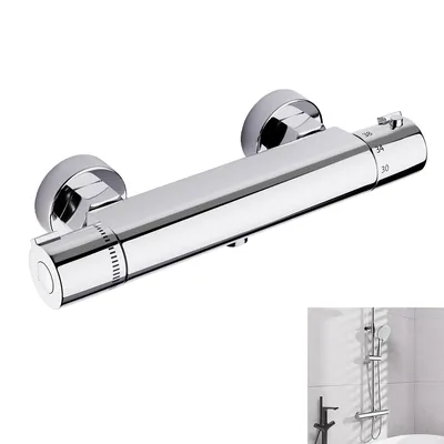 A chrome thermostatic shower faucet is shown against a white background. A smaller inset image shows a shower system in a bathroom.