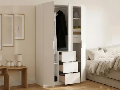 Produktbild von Kleiderschrank Dcurt, Garderobe für Schlafzimmer, Kleiderschrank mit 3 Flügeltüren und 3 Schubladen, 135x52h204 cm, Weiß