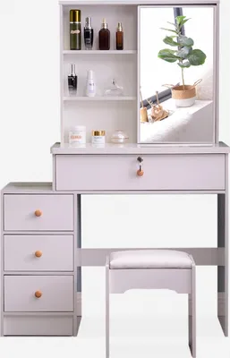 A white vanity table with a sliding mirror, drawers, and a stool, set against a plain white background.