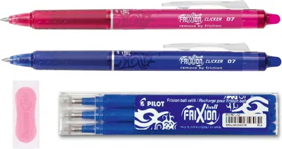Produktbild von Pilot Frixion Clicker blau und pink + 3 Ersatzminen blau + gratis Radierer pink