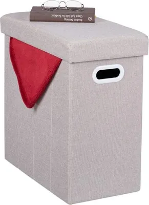 Produktbild von Beiger klappbarer Hocker mit Stauraum, gepolsterter Sitzfläche und Griff, 52.5x30cm