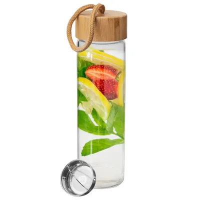 Obrázok produktu pre Orion sklenená fľaša | fľaša na vodu | fľaša na pitie so sitkom na čajové lístky ovocie bambusový drevený uzáver 450 ml