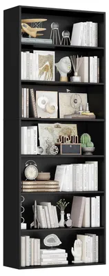 Obrázek produktu pro Knihovna do obývacího pokoje – volně stojící regál, výška 210 cm – 7 polic – úzký dřevěný regál 60 x 23,5 cm – černý
