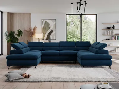Produktbild von Wohnzimmersofa mit Schlaffunktion, U-form, verstellbare Kopfstützen, Bettkasten - PEDRO U - Velvet - Dunkelblau