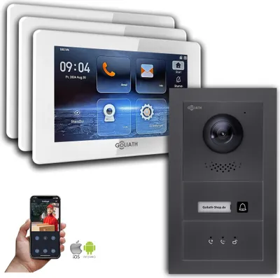 Produktbild von Goliath IP Video Türsprechanlage mit Kamera 7-Zoll Anthrazit : Aufputzdose : 7 Zoll in Weiß : 3 Monitore Anzahl: 3 Monitore Farbe: 7 Zoll in Weiß Montage: Aufputzdose